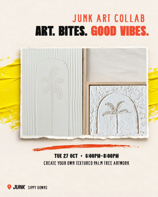 Something creative is happening at JUNK Sippy Downs. 🌴🎨

Join @moniqueartwork for an evening of textured art and create your own 30cm x 30cm palm tree artwork, with step-by-step guidance from start to finish.

No experience needed, just come ready to get creative, enjoy some small bites and a drink, and make something you’ll actually want to take home. ✨

📅 Tuesday 27 October
⏰ 6pm–8pm
💰 $120 including small bites + one drink
🔞 Ages 16+

🎟️ Book your spot! Link in bio 

📍 JUNK Sippy Downs, 1 Courage Street

#texturedartworkshop #palmtree #moniqueford #art #bites #asiancuisine #asianfood #sippydowns