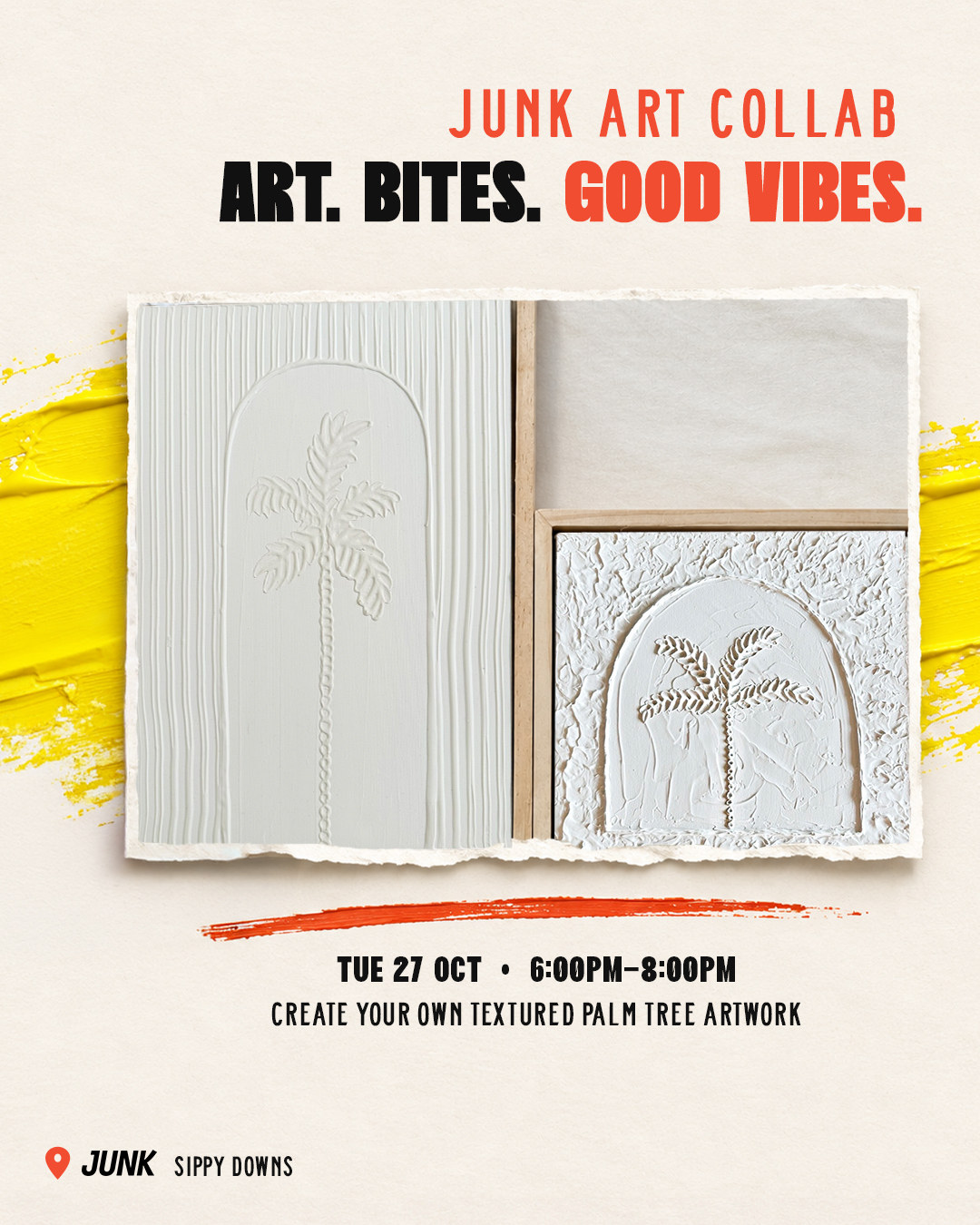 Something creative is happening at JUNK Sippy Downs. 🌴🎨

Join @moniqueartwork for an evening of textured art and create your own 30cm x 30cm palm tree artwork, with step-by-step guidance from start to finish.

No experience needed, just come ready to get creative, enjoy some small bites and a drink, and make something you’ll actually want to take home. ✨

📅 Tuesday 27 October
⏰ 6pm–8pm
💰 $120 including small bites + one drink
🔞 Ages 16+

🎟️ Book your spot! Link in bio 

📍 JUNK Sippy Downs, 1 Courage Street

#texturedartworkshop #palmtree #moniqueford #art #bites #asiancuisine #asianfood #sippydowns