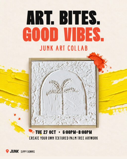 Good food. Good vibes. A little creative therapy. 🌴🎨

JUNK Sippy Downs is hosting an evening Textured Art Workshop with @moniqueartwork, where you’ll create your own palm tree artwork from a blank canvas to a finished piece.

You’ll get step-by-step guidance, small bites and a drink while you paint, layer and get stuck into something a little different.

📅 Tuesday 27 October
⏰ 6pm–8pm
💰 $120 including small bites + one drink
🔞 Ages 16+

No experience needed. Just bring yourself. ✨

🎟️ Book now! Link in bio 

#texturedartworkshop #palmtree #moniqueford #art #bites #asiancuisine #asianfood #sippydowns